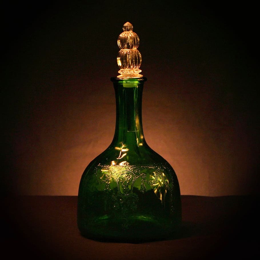 verde, garrafa de vidro, foto, vidro verde, frasco de vinagre, garrafa, rolha, plug, recipiente, vidro - material