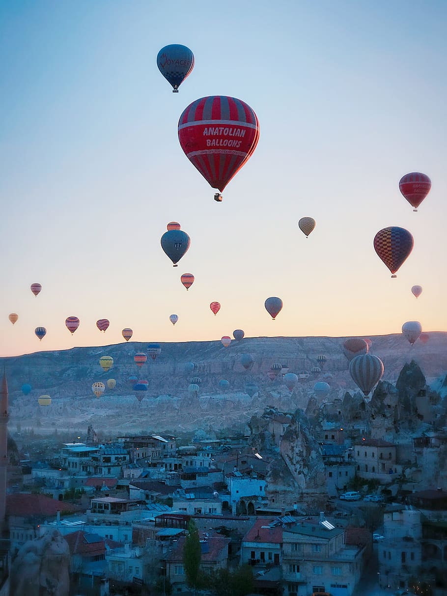 hot, air balloons, cappadocia, daytime, early in the morning, hot air balloon, air vehicle, balloon, flying, sky