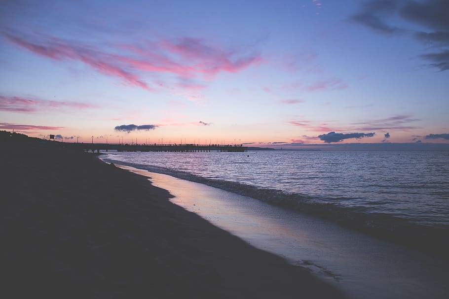 nature, baltic, beach, clouds, dusk, evening, gdansk, pink, poland, sand