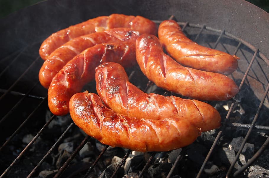 grilled, sausage, charcoal grill, sausages, grill, burning, food, food and drink, barbecue, meat