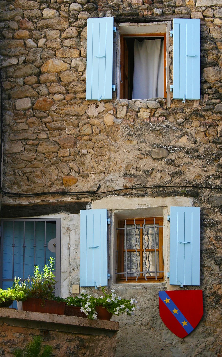 persianas, abierto, verano, sol, francia, azul, azul claro, cresta, ventanas, edificios