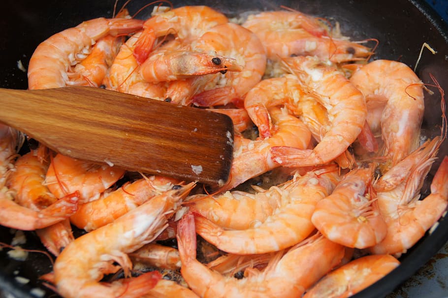 stirring, shrimp dish, Tasty, Shrimp, Dish, food, public domain, seafood, spoon, cooking