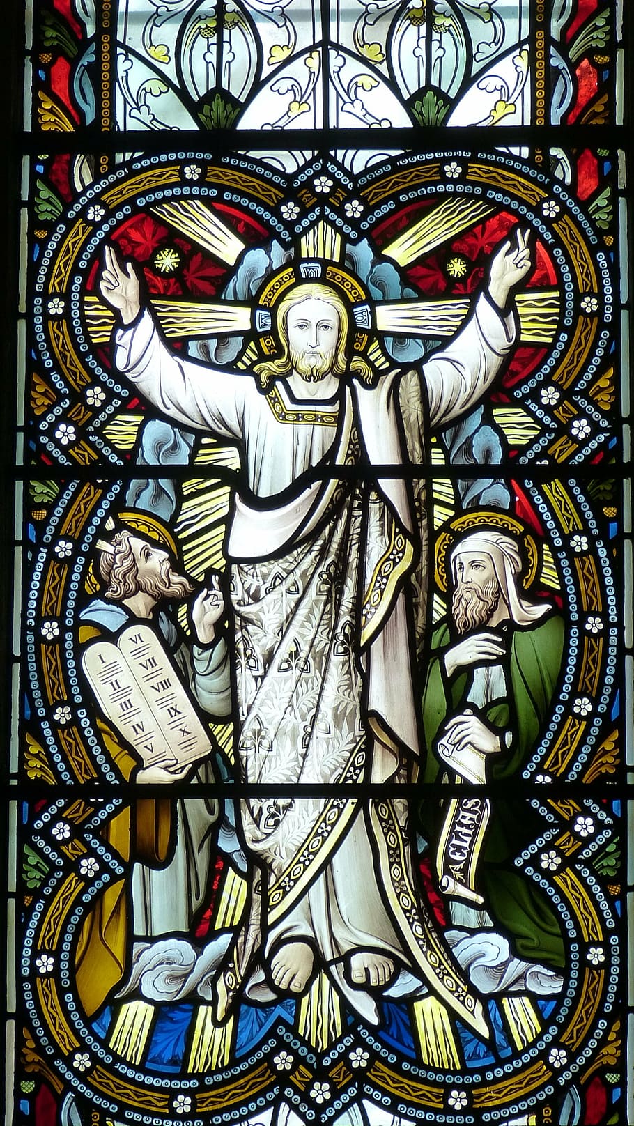 jesus christ, stained, glass, church, window, church window, jesus, transfiguration, moses, elias