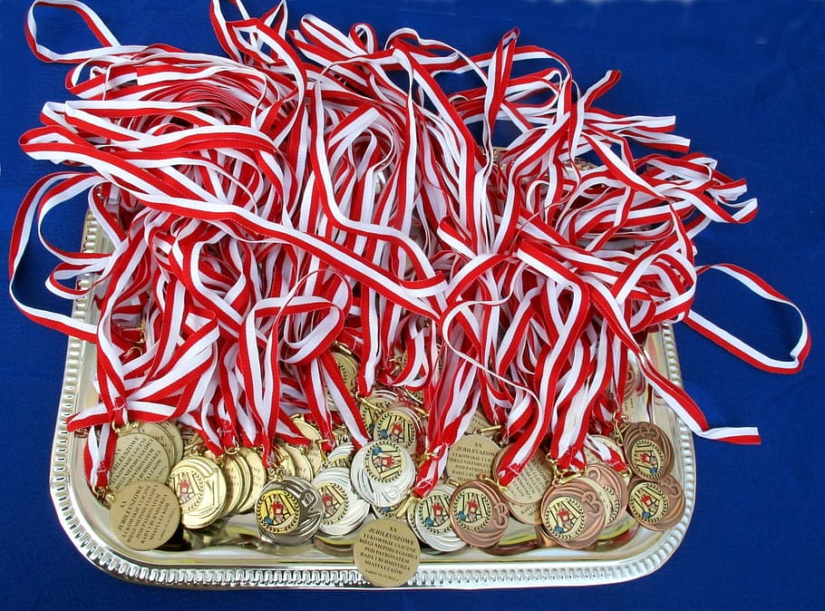 medals, decorations, awards, sport, decoration, gold, prize, red, food and drink, blue