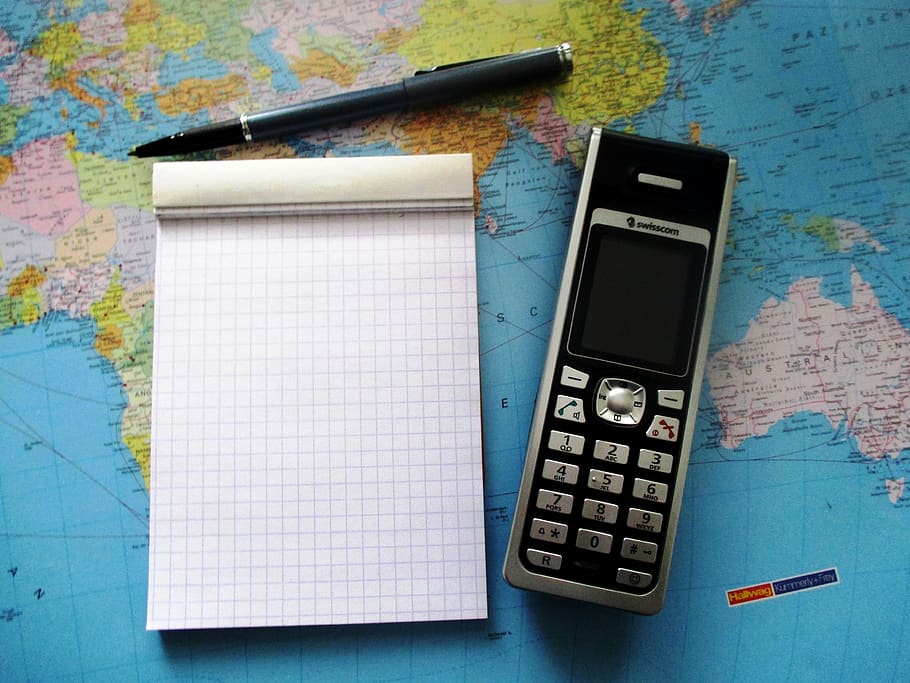 office, phone mobile, block, notes, pen, marker pen, notepad, desk pad, map of the world, map