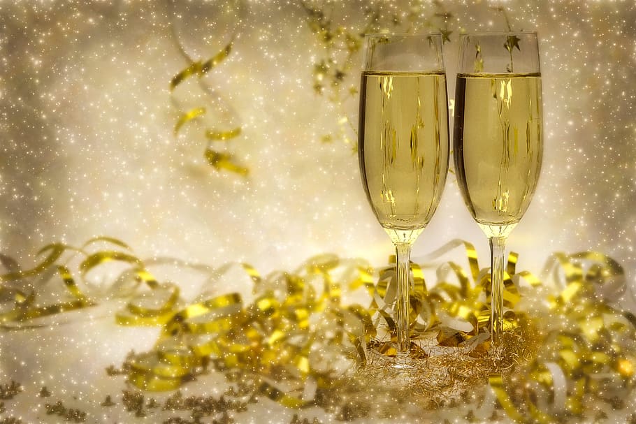 フィズ, お祝い, イブ, ドリンク, おめでとう, 年末, 2018年, ワイングラス, 祝うために, 新年