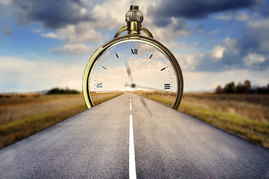 time, watch, road, fantasia, sky, direction, clock, the way forward, symbol, nature