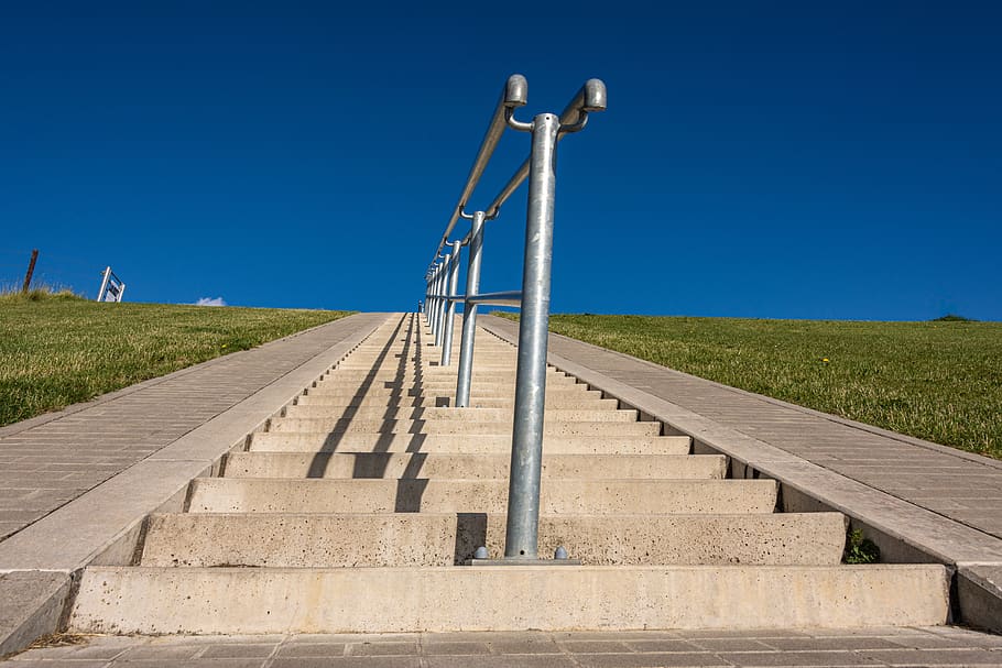 stairs, gradually, rise, railing, stone stairway, emergence, concrete, dike, wadden sea, staircase