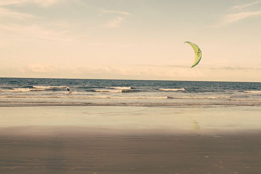 person parasailing, day time, kite surfing, beach, kite, sea, surf, surfing, sport, ocean