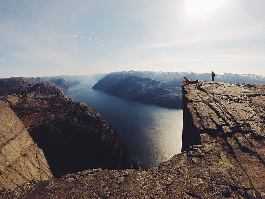 fotografi pemandangan, sungai kecil, tebing, batu, besar-besaran, tinggi, pandangan, fjord, samudra, laut