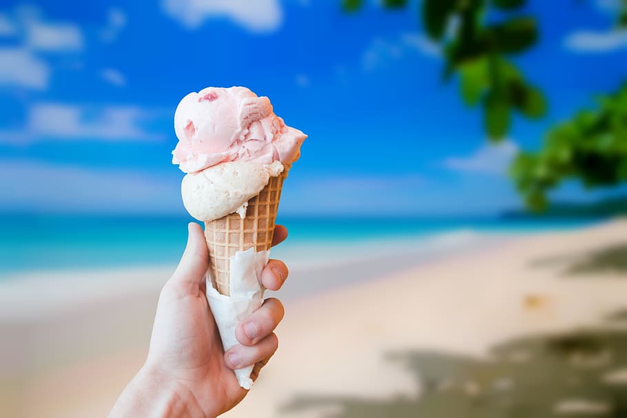 verão, feriado, praia, quente, ensolarado, tropical, gelo, creme, sorvete, férias