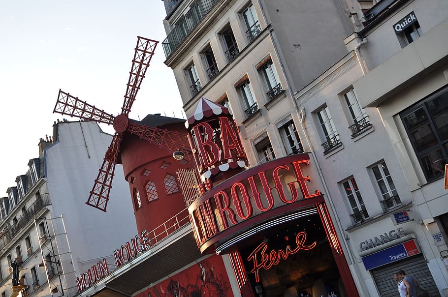 moulin rouge, paris, cabaret, architecture, built structure, building exterior, low angle view, text, building, communication