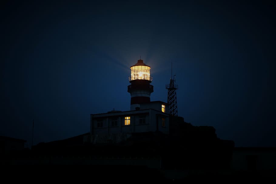 black, lighthouse, night, building, coast, landmark, light, architecture, tower, beacon