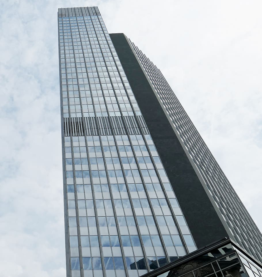 skyscraper, glass facade, building, frankfurt, architecture, facade, sky, glass, window, downtown