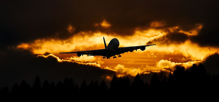 silhouette, airplane, sunset, travel, fly, aircraft, sky, holiday, holidays, start