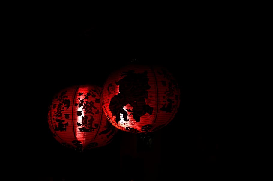 light, lanterns, red, dark, lamp, hanging, indoors, lantern, chinese lantern, copy space
