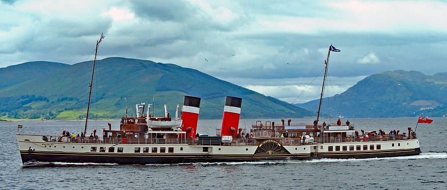 waverley, paddle steamer, scotland, sir walter scott, mountain, water, cloud - sky, nautical vessel, transportation, mode of transportation