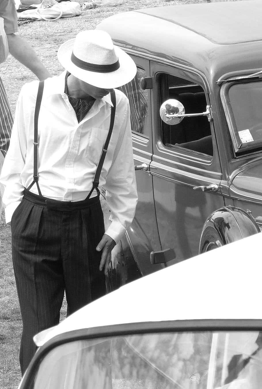 grayscale photo, man, wearing, white, dress shirt, standing, vintage, car, grayscale, vintage car