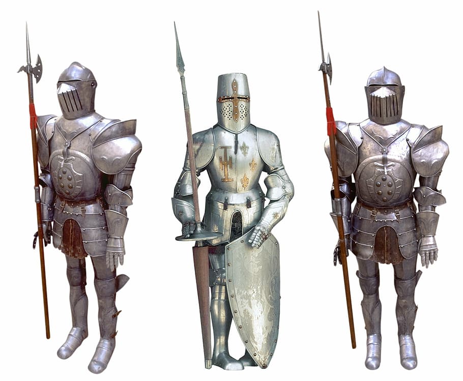 tres, completo, armaduras corporales, caballero, cruzado, jinete, armadura, pico, escudo, casco