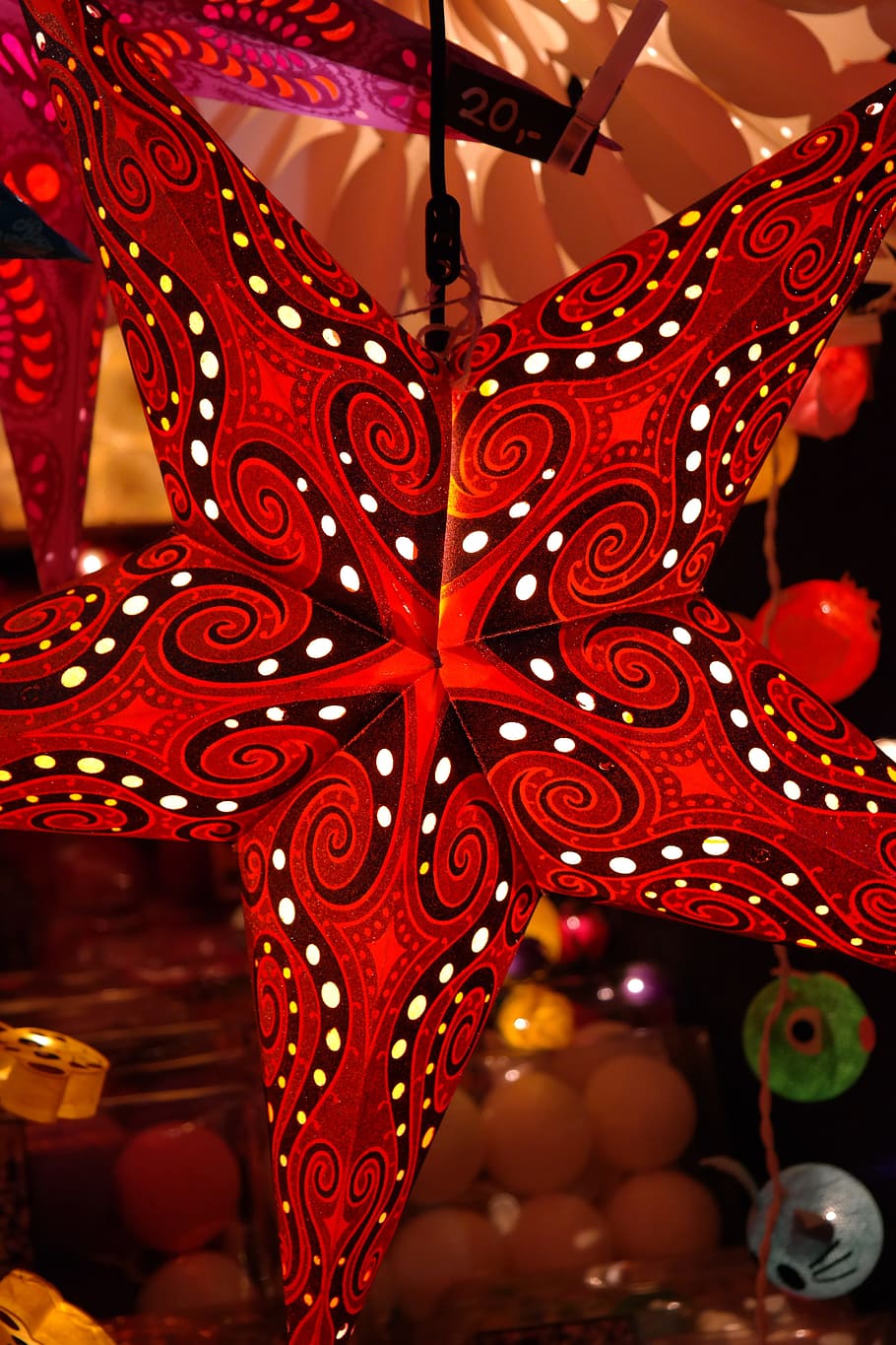 poinsettia, paper star, red, star, light, colorful, color, market, christmas market, stand