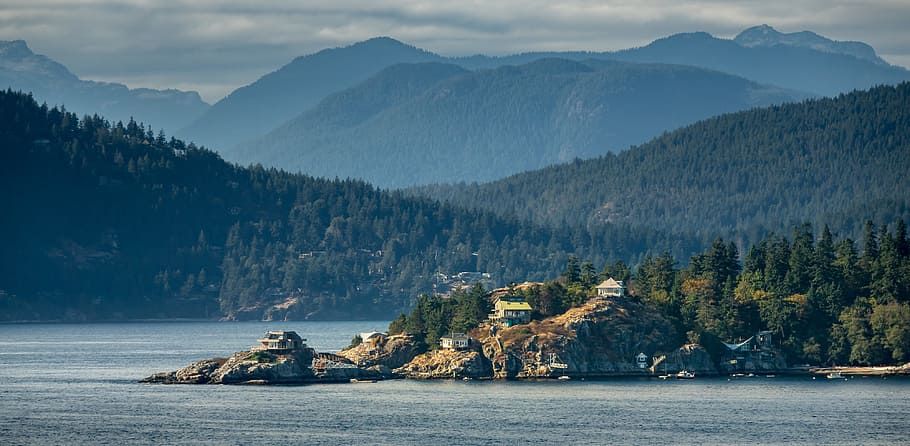 several, white, houses, top, cliff, body, water, vancouver, island, canada