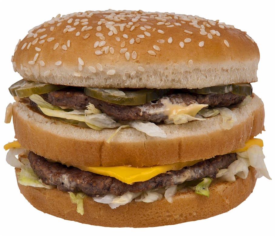 hamburguesa con queso, hamburguesa doble con queso, hamburguesa, big mac, comida rápida, dos empanadas, carne de res, salsa especial, semillas de sésamo, lechuga