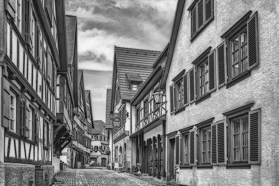 schiltach, black forest, black and white, comic effect, architecture, road, building, home, city, old town