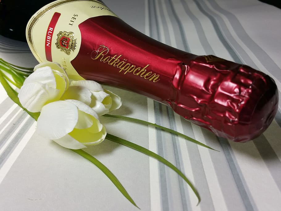 シャンパン, rotkäppchen, 心, ロマンス, 花, バレンタインデー, 愛, 背景, ボトル, アルコール