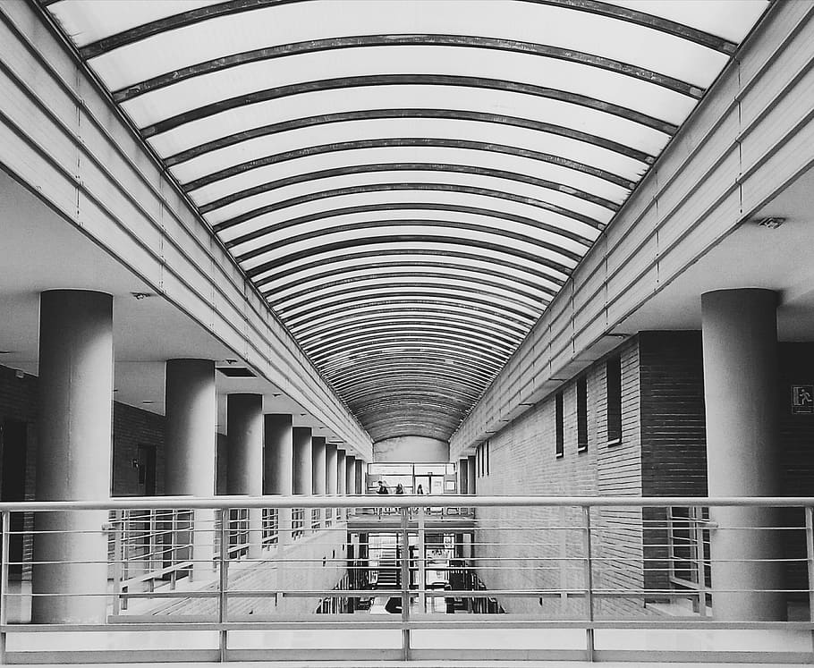 Universitas, Fakultas, Malaga, Galeri, bangunan, hitam dan putih, arsitektur, di dalam ruangan, koridor, Struktur dibangun