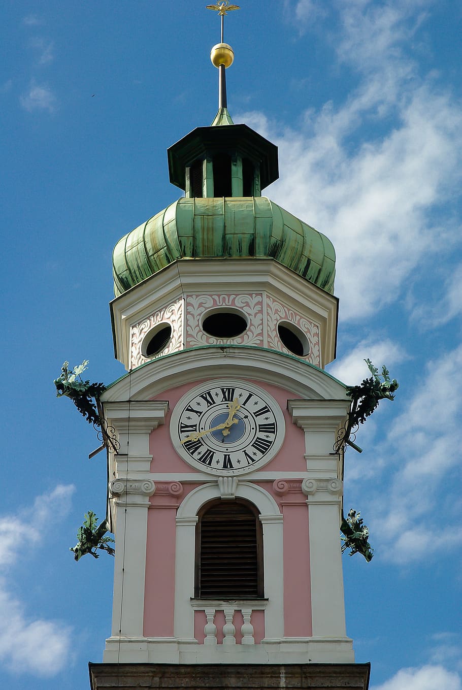 austria, innsbruck, bell tower, clock, tyrol, sky, architecture, building exterior, built structure, low angle view
