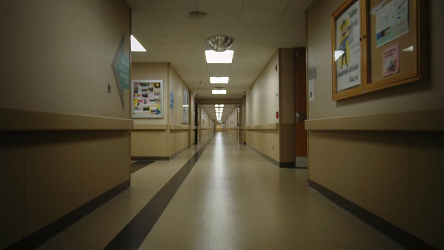 photograph of hallway, hospital, doctor, nurse, medical, health, professional, healthcare, clinic, physician