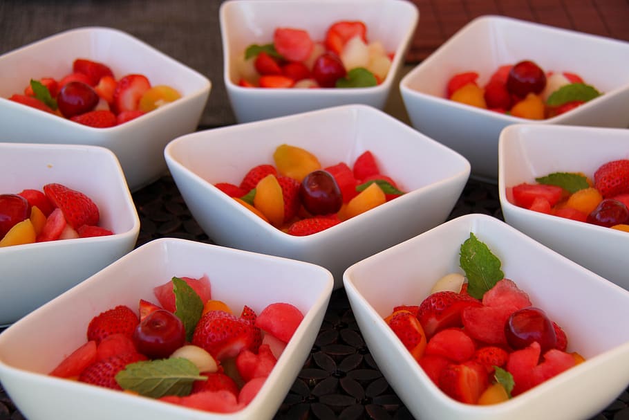 fruit salad, strawberry, cherry, watermelon, melon, apricot, mint, fruit, dessert, summer