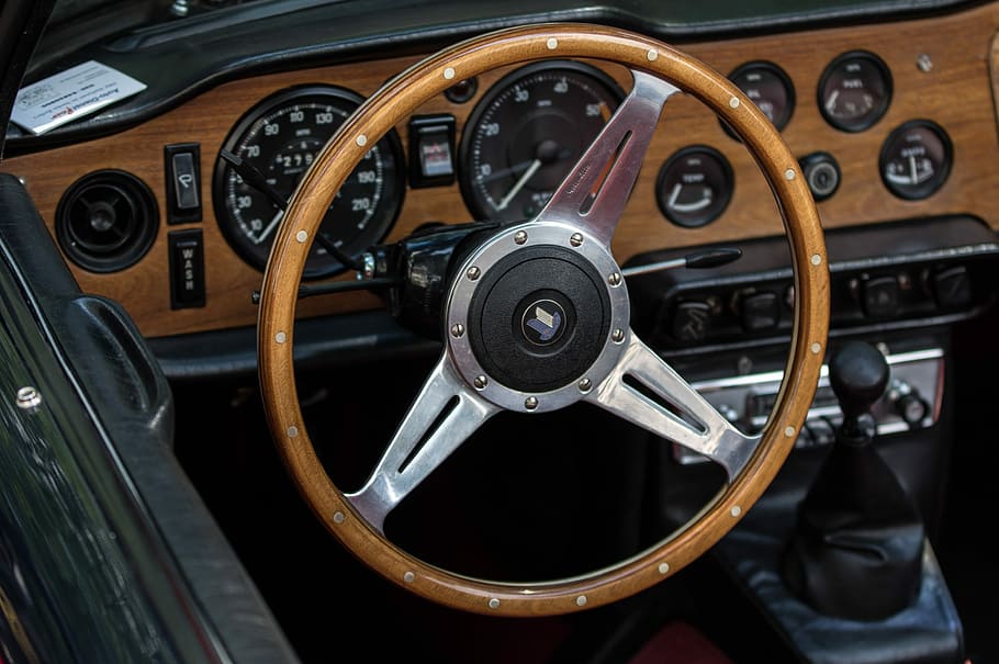 auto, triumph, wood steering wheel, oldtimer, dashboard, steering wheel, cockpit, drive, instruments, vehicle