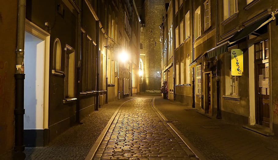 street at night, Architecture, View, City, Poland, Gdańsk, night, dark, street, lanterns