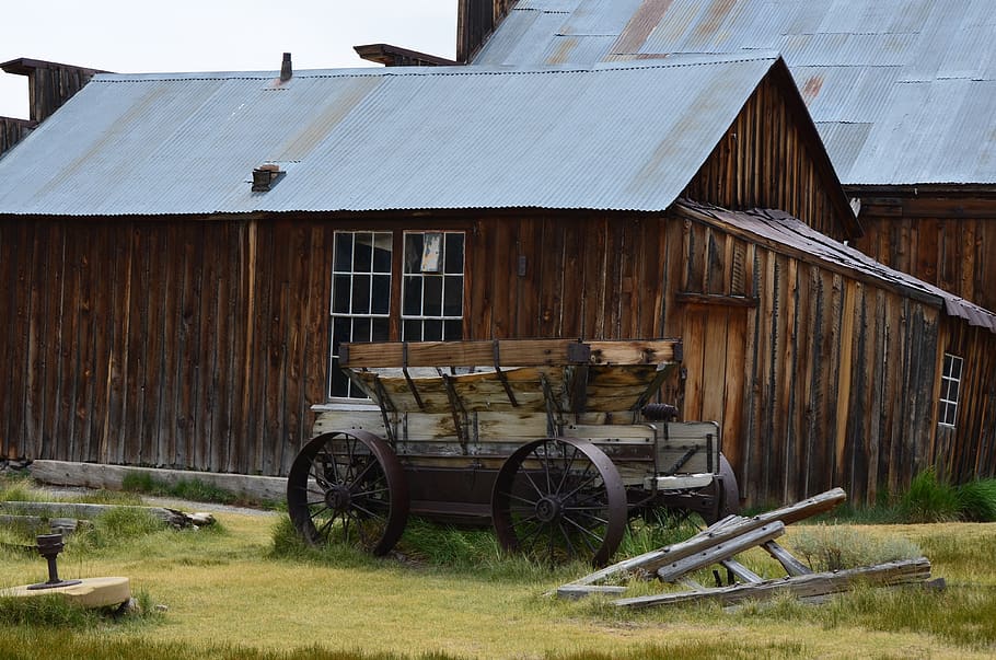 ghost town, bodie, rustic, historic, wagon, architecture, built structure, wood - material, building exterior, house