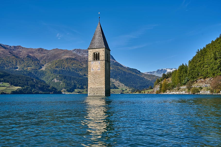 reschensee, south tyrol, italy, lake, mountains, landscape, water, vacations, church, steeple