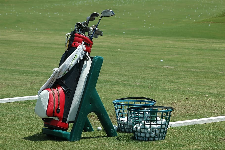 red, black, leather golf bag, ground, golf bag, clubs, ball, golf, sport, driving range