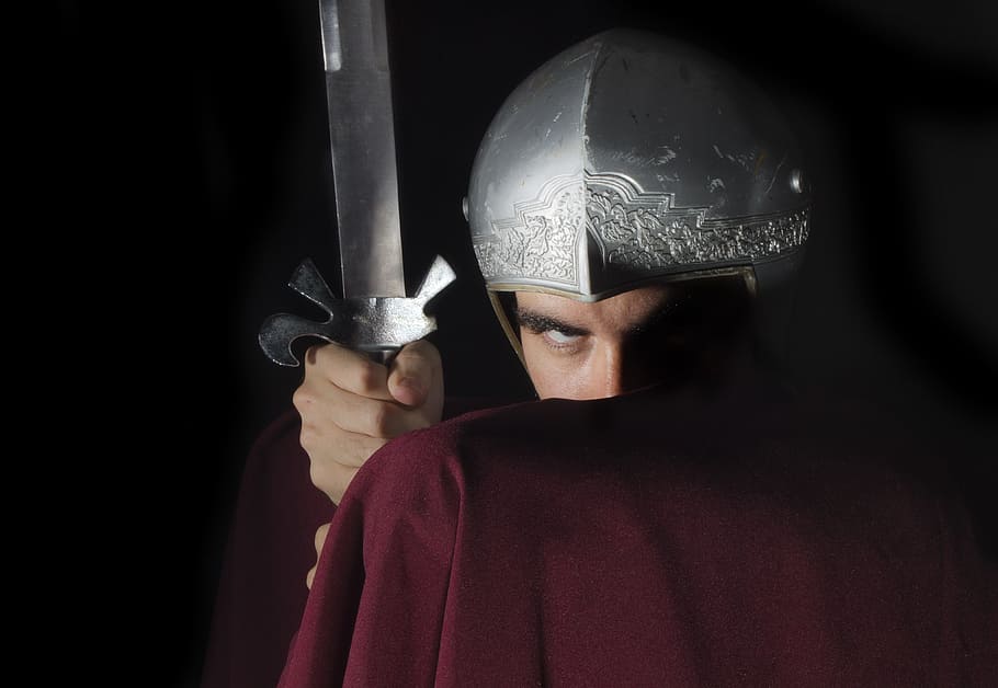 man, red, cape, silver helmet, holding, silver sword, roman, gladiator, sword, helmet