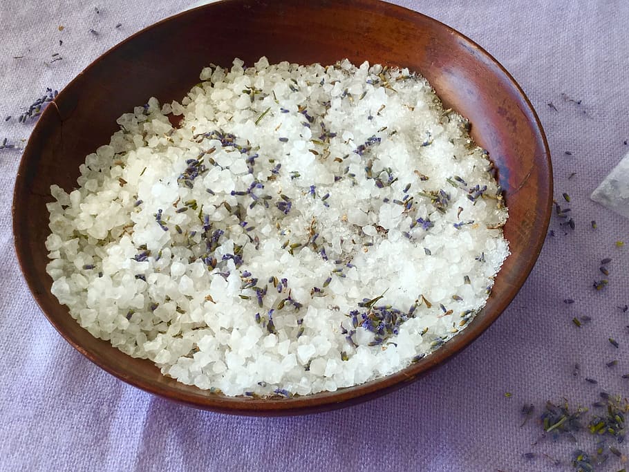 white, rice, brown, wooden, bowl, white rice, lavender, bath, salts, directly above