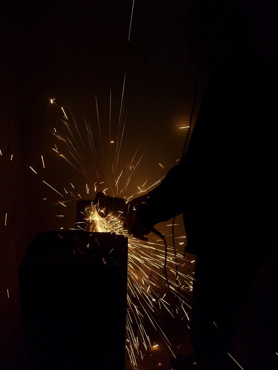 silhouette, person, holding, welding tool, night, flexing, craftsmen, craft, stahlbau, shower of sparks