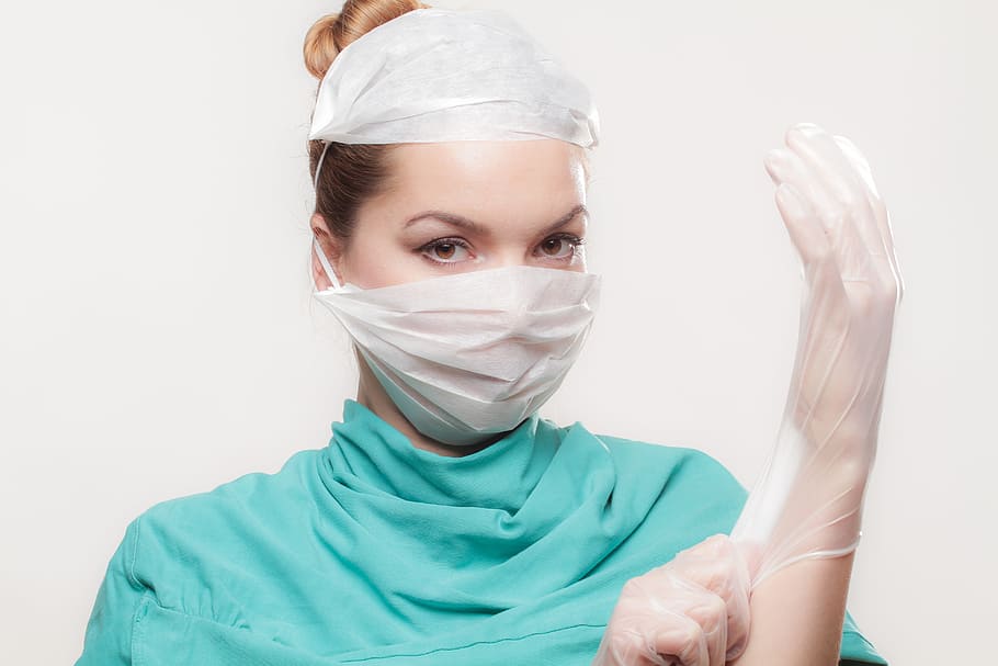 woman, wearing, teal, top, latex gloves, doctor, op, medical, operation, hospital