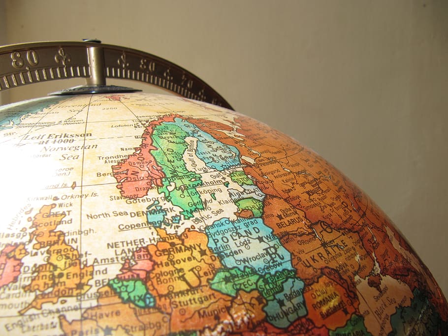 table globe, globe, earth, old globe, map, world map, indoors, physical geography, travel, globe - man made object