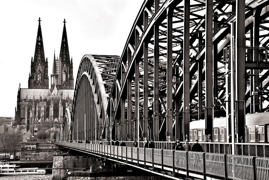 bridge, cologne, hohenzollern bridge, dom, river, rhine, built structure, architecture, building exterior, transportation