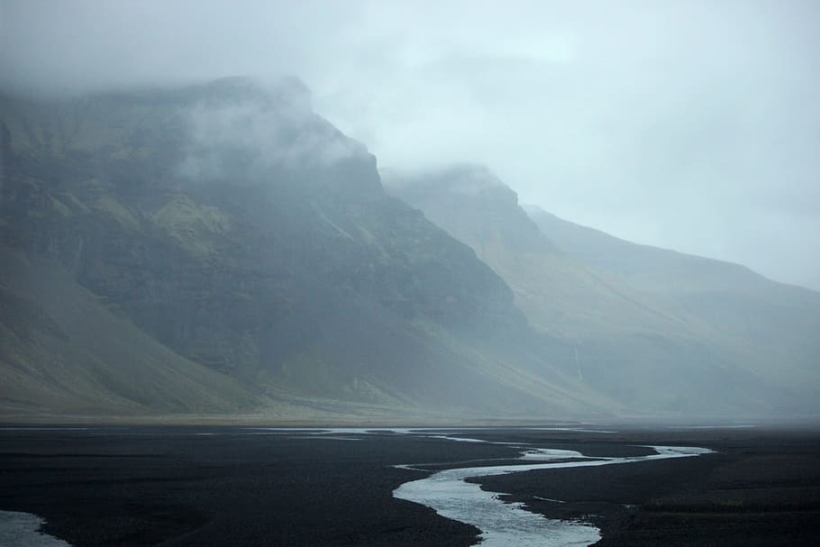 Mountain, River, Iceland, Desert, mountain, river, showers, mist, stone, scenics, fog