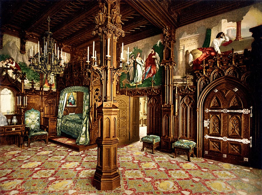 Marrón, madera, casa, interior, Neuschwanstein, castillo, dormitorio, Baviera, barroco, renacimiento románico