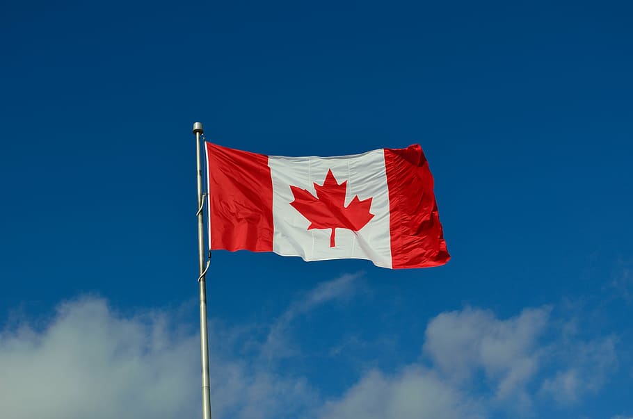 canada flag, pole, blue, white, sky, daytime, canadian flag, canada, maple, country