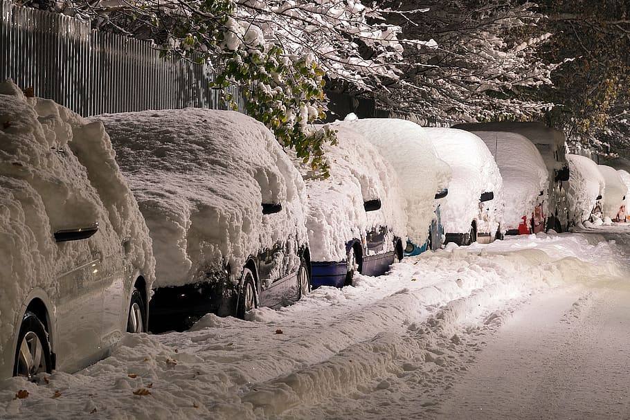 salju, tertutup, kendaraan, jalan, malam hari, mobil, dalam, musim dingin, dingin, berat