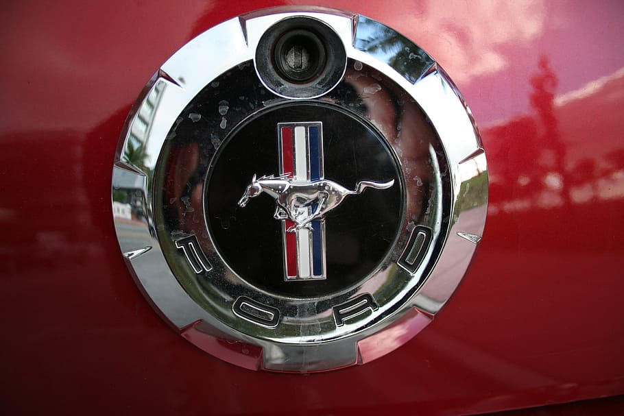 ford mustang emblem, ford mustang, ford logo, car, red, close-up, metal, shape, geometric shape, silver colored