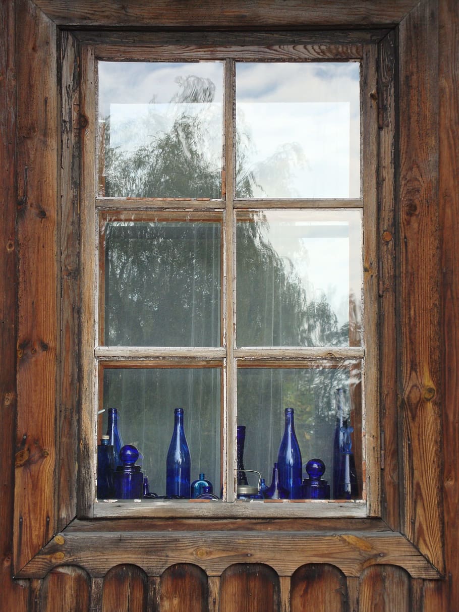 blue, bottles, glass window, window, building, monument, wood constructions, exhibition, wooden window, glass - material