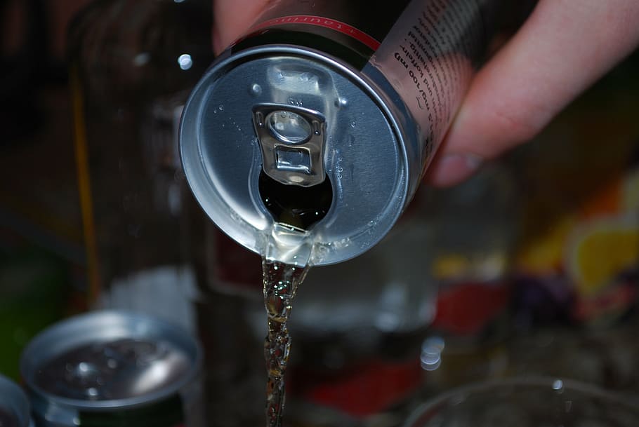person, pouring, liquid, aluminum, drink, energy drink, soft drink, human Hand, hand, holding